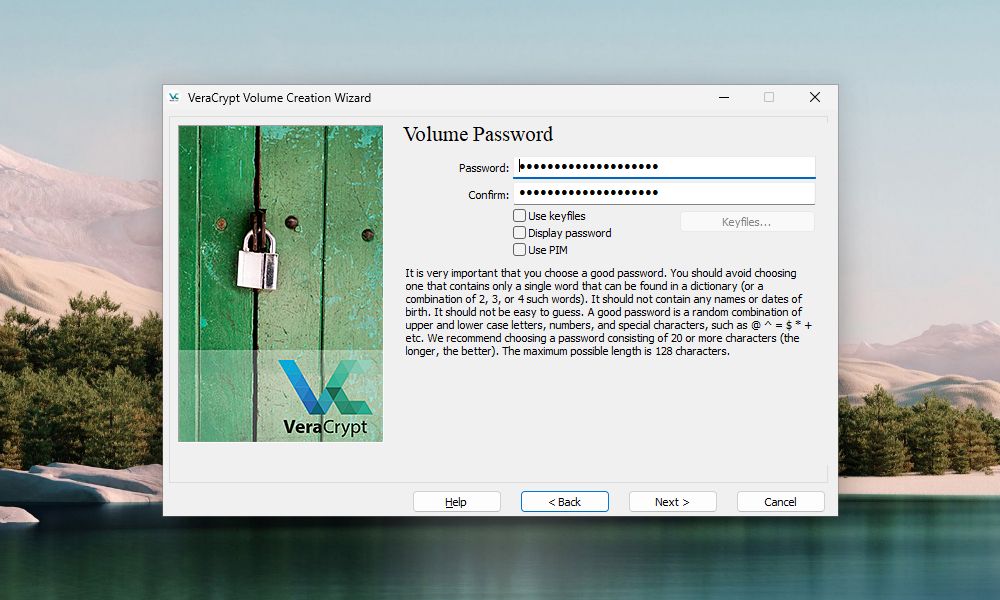 Window of the VeraCrypt Volume Creation Wizard prompting to create VeraCrypt volume password