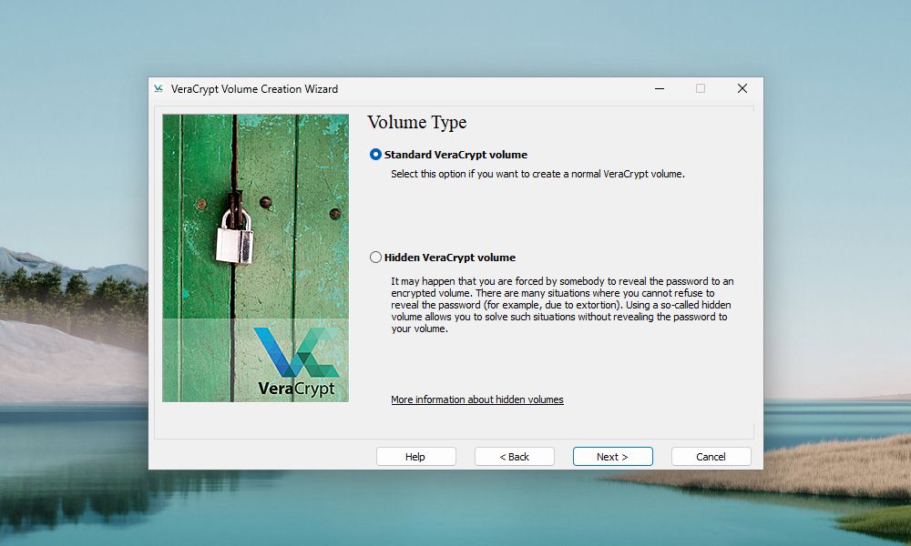 Window of the VeraCrypt Volume Creation Wizard prompting to select a VeraCrypt volume type