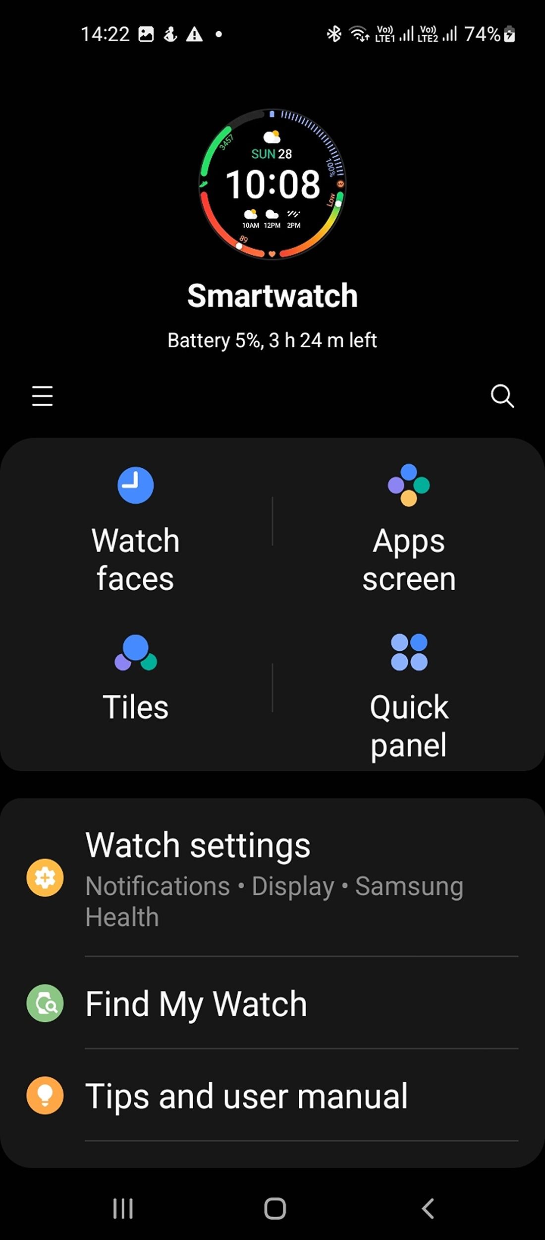 Samsung Galaxy Watch 4 app settings dashboard