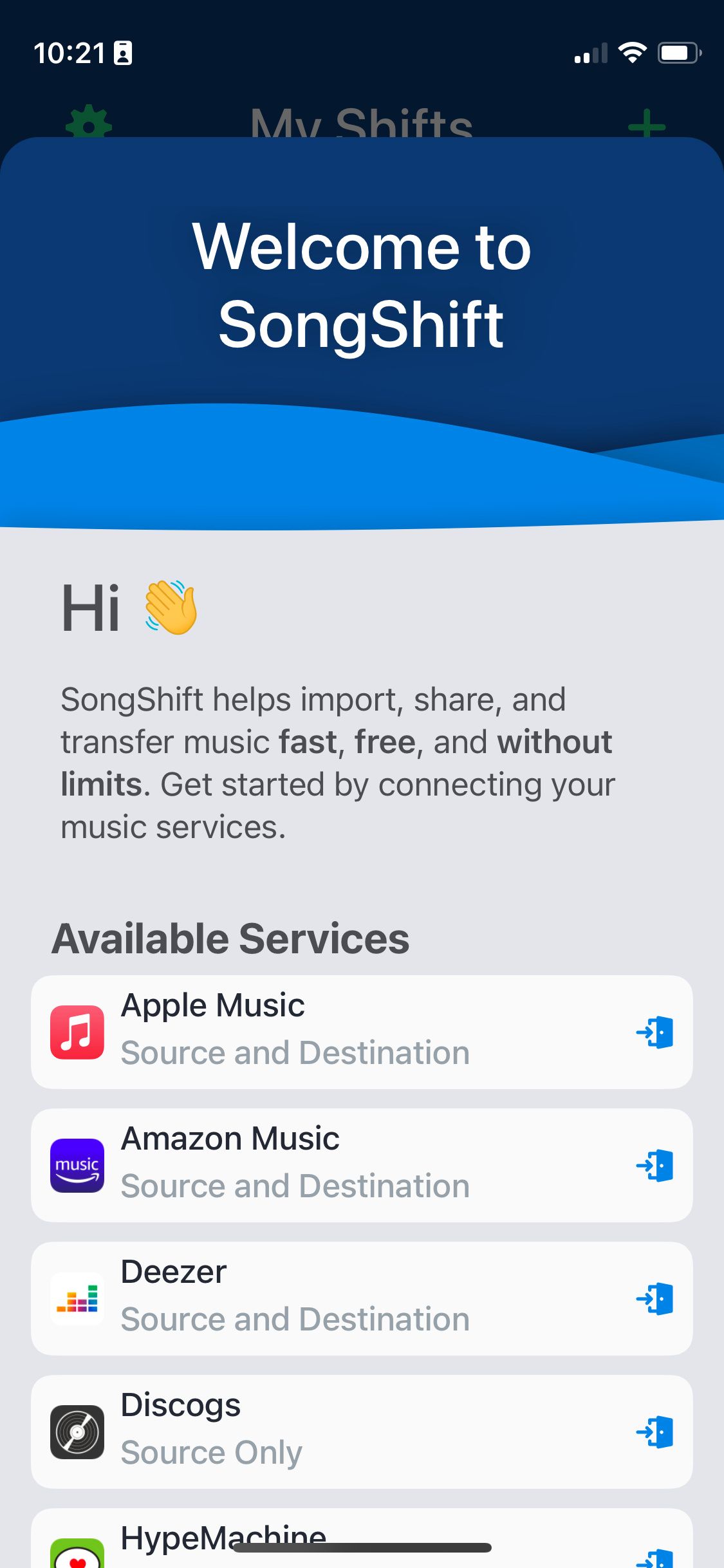 Welcome to SongShift screen