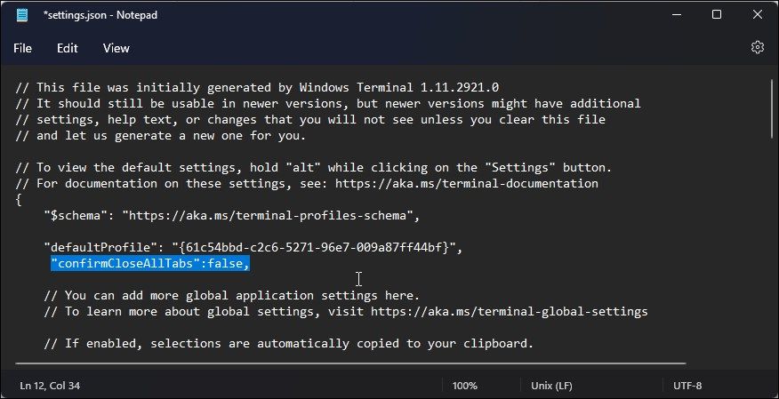 Windows terminal settings json file disable confirmation dialog