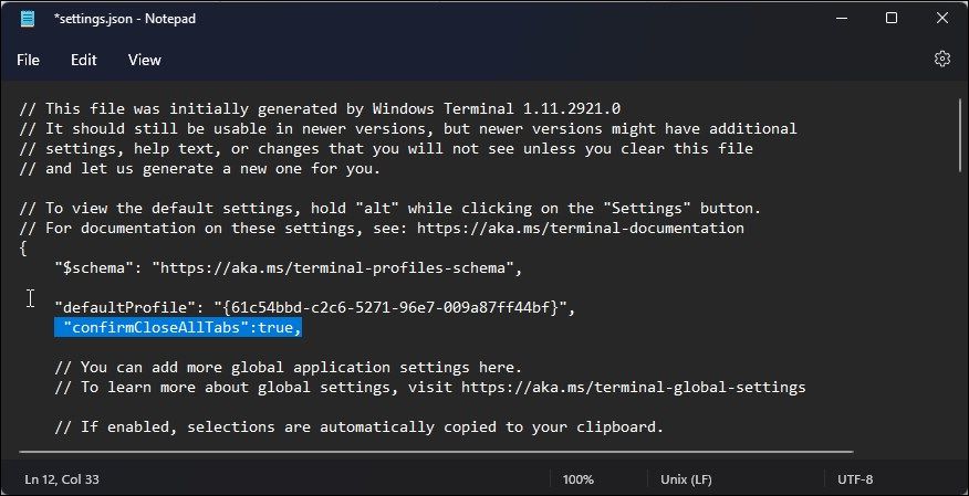 Windows terminal settings json file enable confirmation dialog