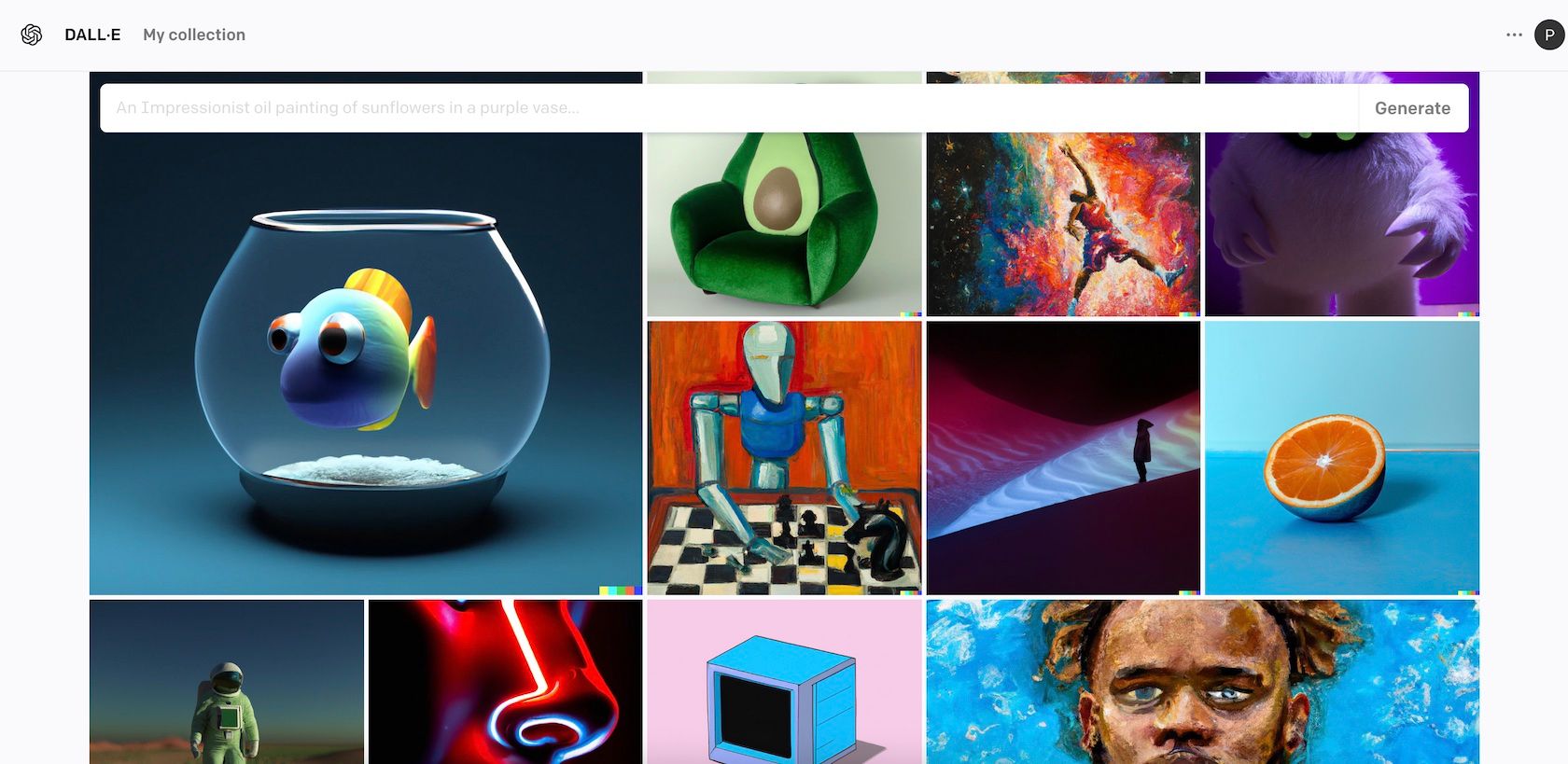 Screenshot of Dall-E website homepage showing different AI generated art.