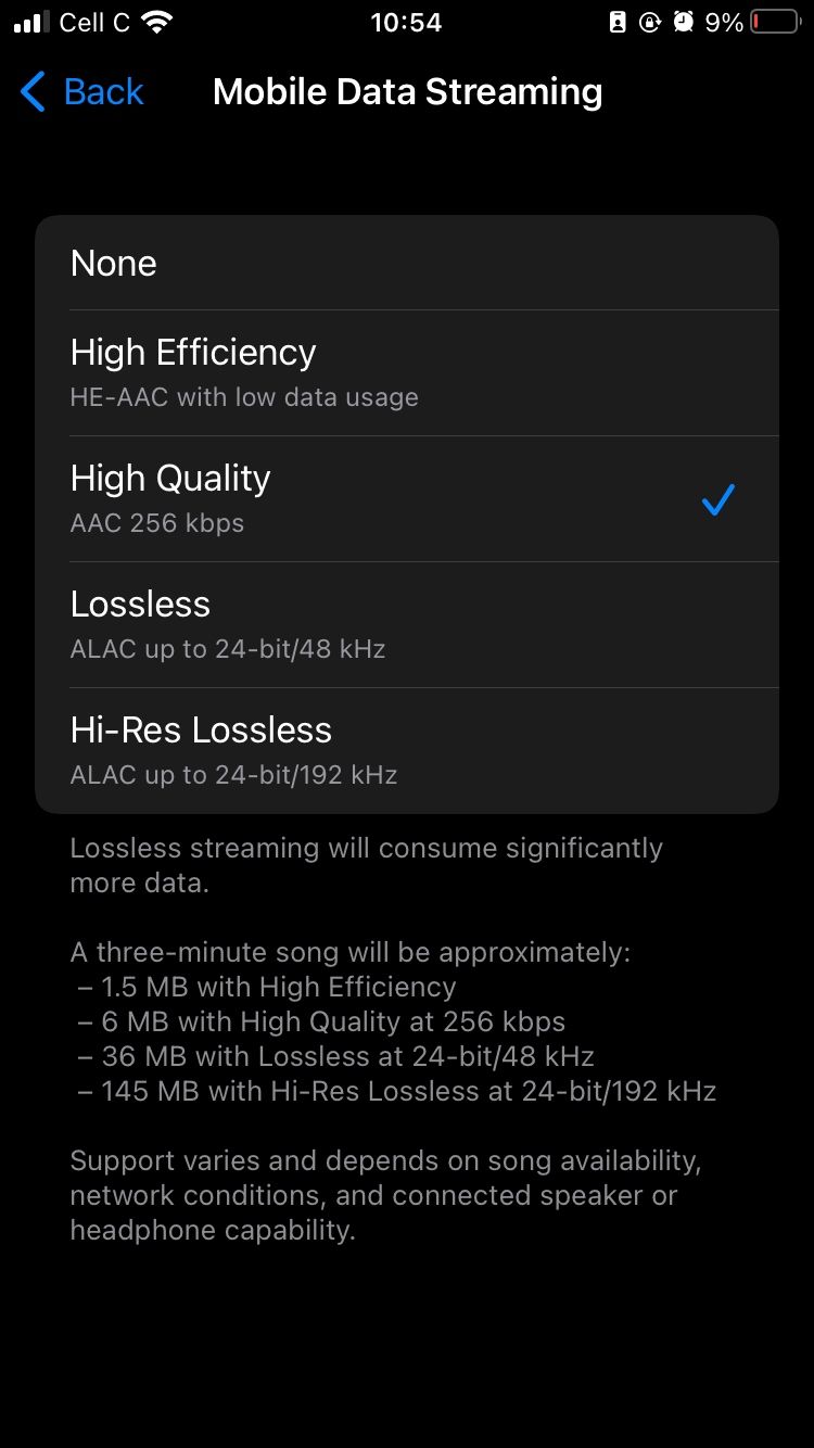 apple music mobile data streaming settings for lossless audio on iphone