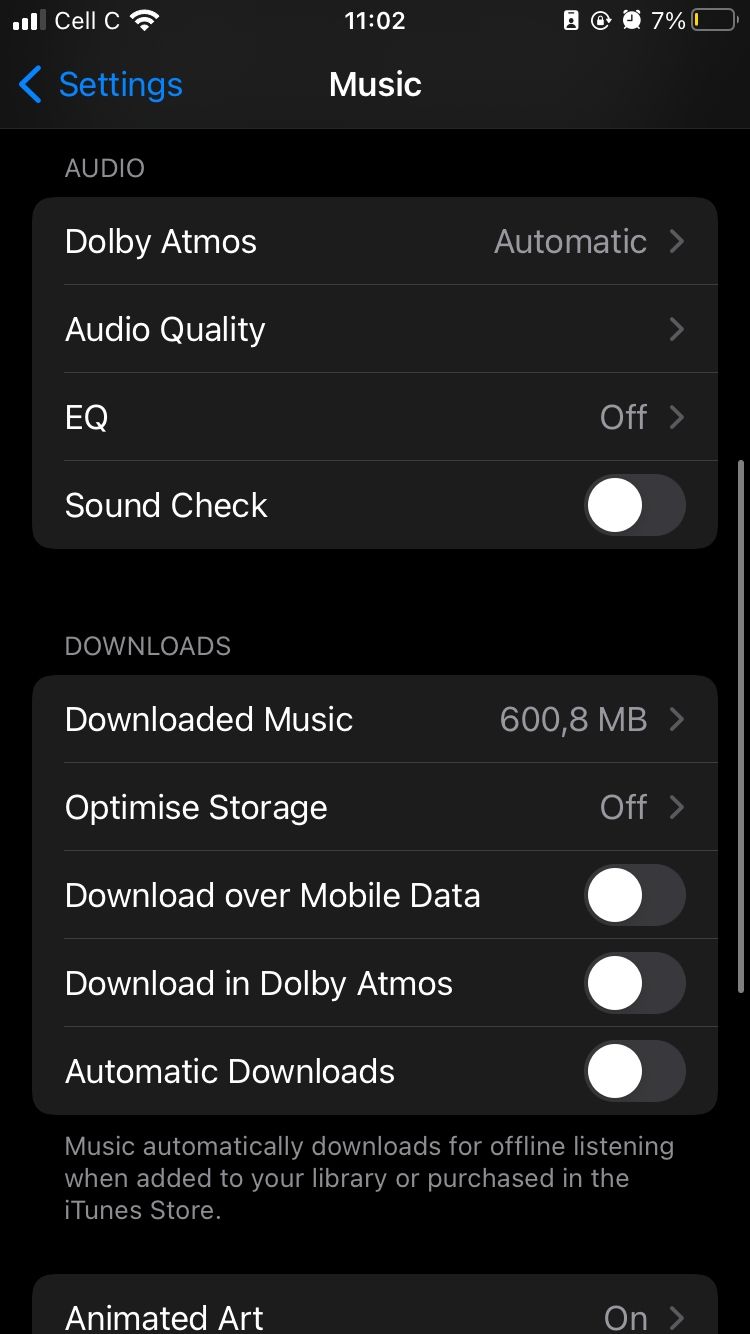 apple music settings page on iphone