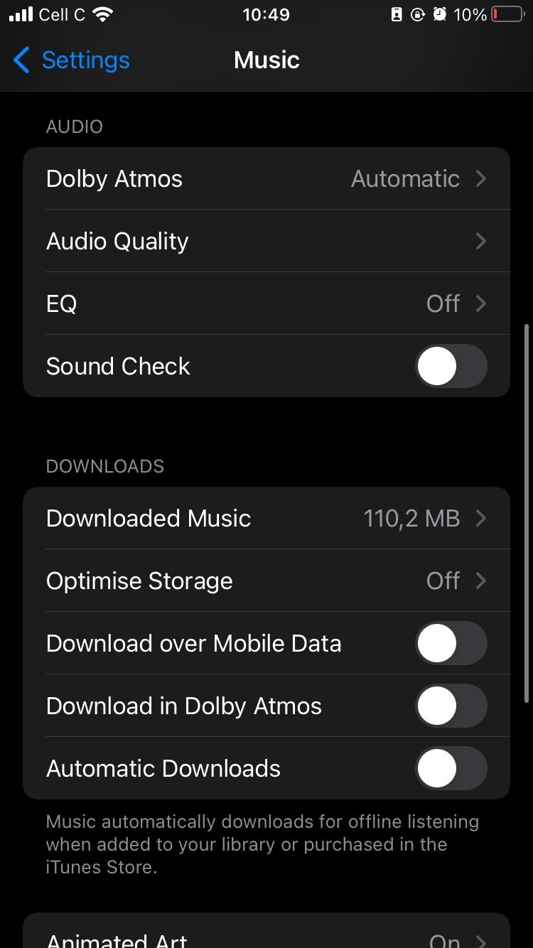 apple music settings page showing audio and downloads section on ios