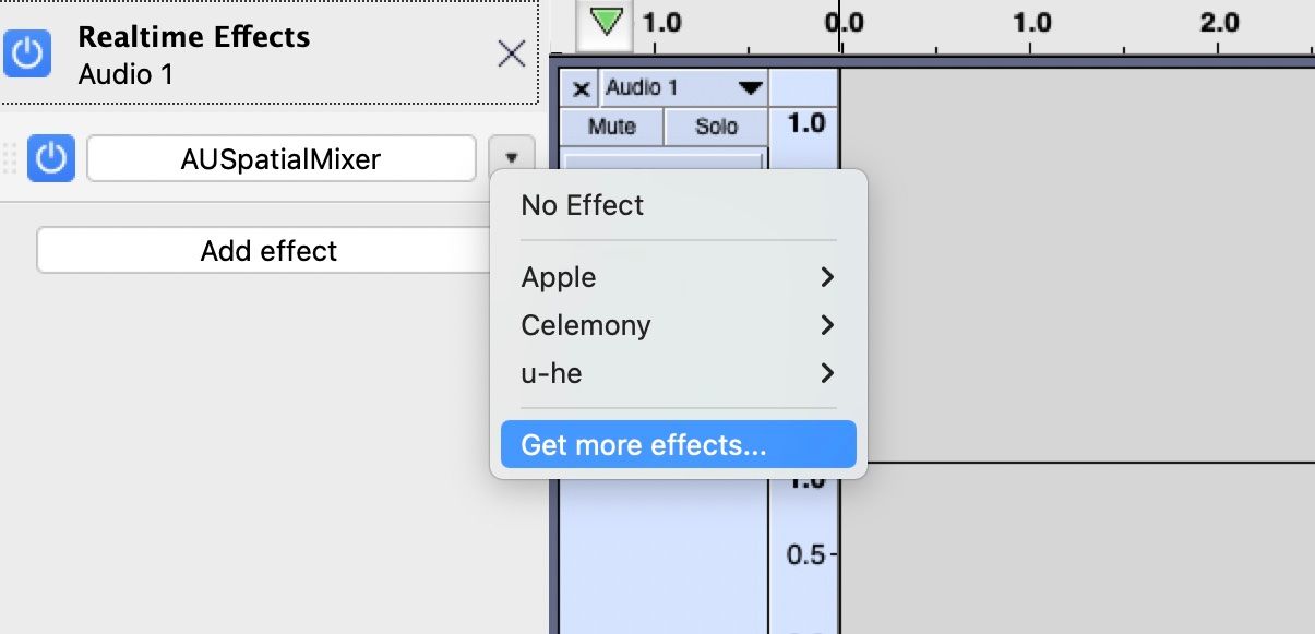 Screenshot of Audacity showing the menu button to get more effects.