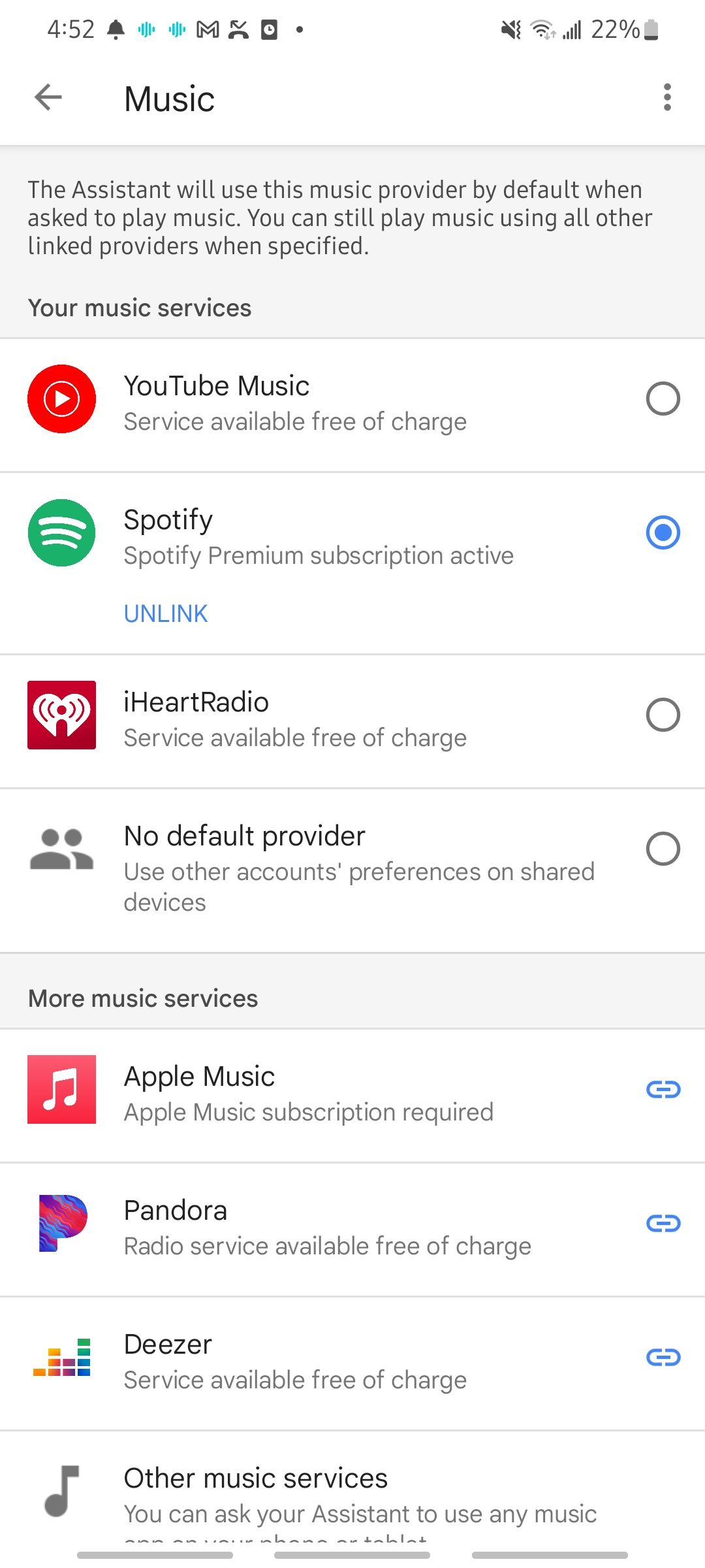 available music services connected to google assistant