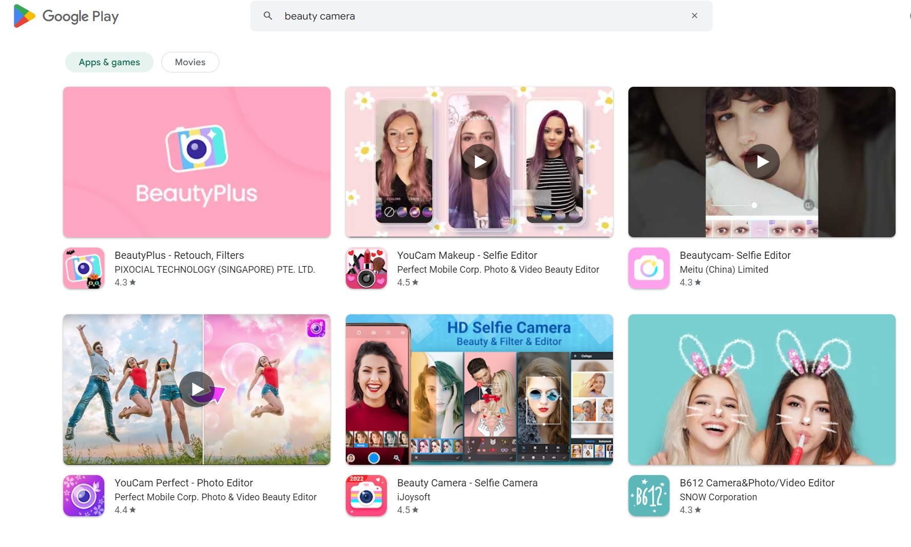 A screenshot of Google Play store search results for 'beauty camera'