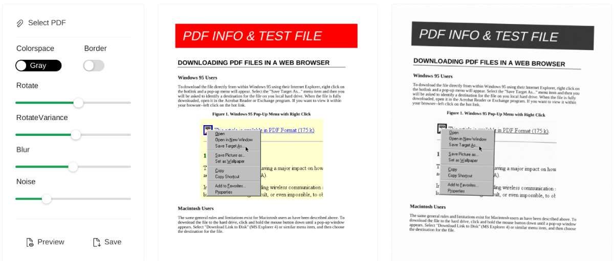 Look Scanned makes digital PDF files look like they were originally paper that was scanned and turned into a PDF