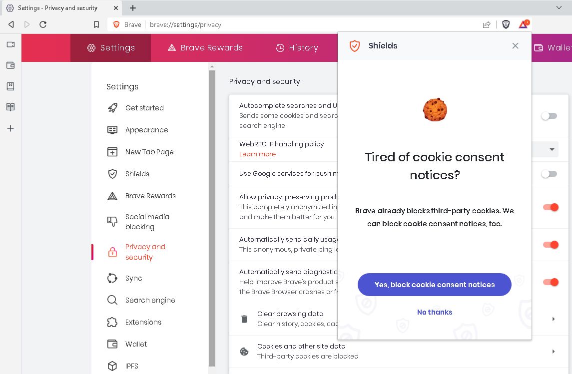 popup in Brave browser asking if the user wants to block cookie consent notices