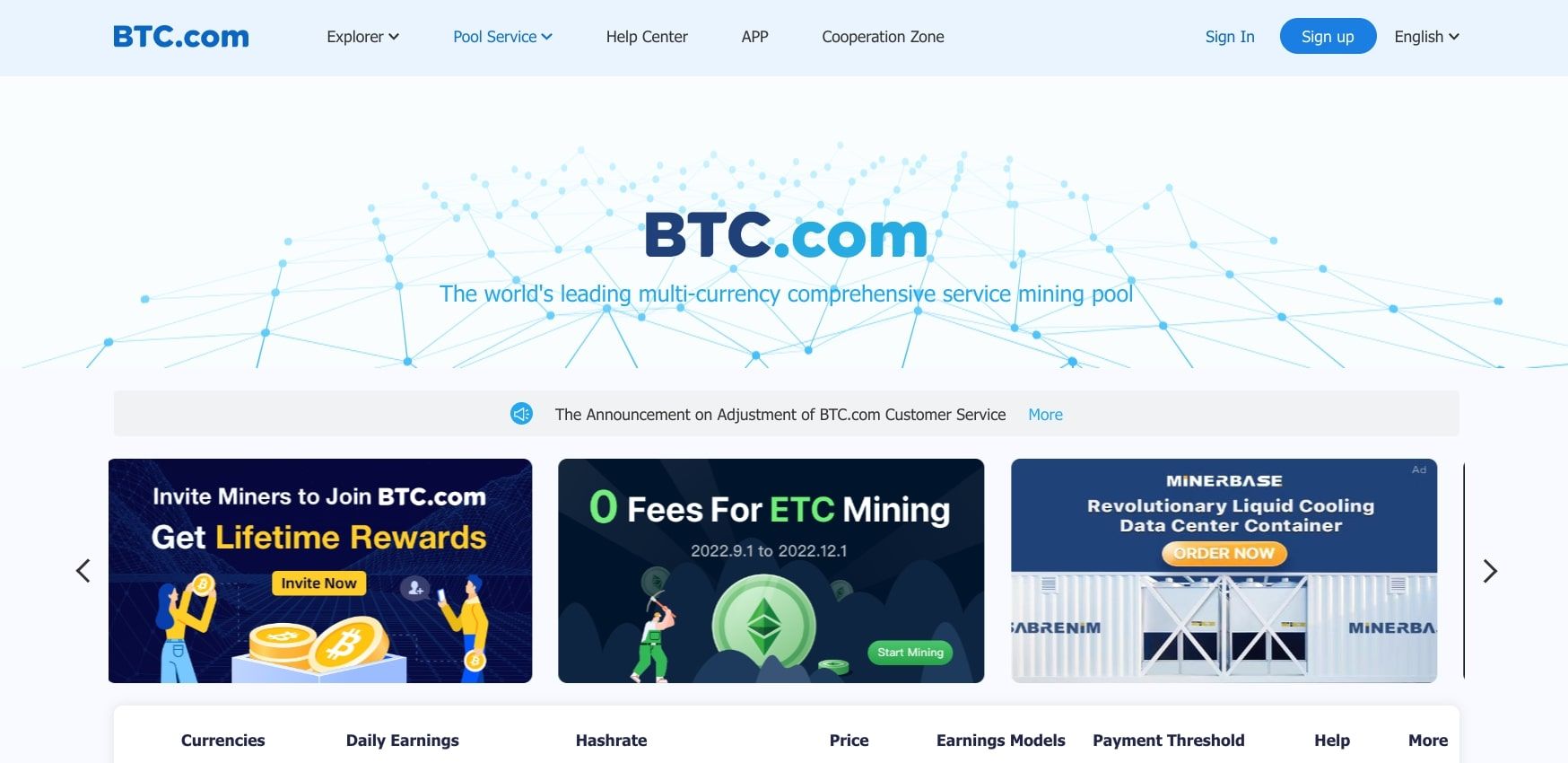 اسکرین شات صفحه اصلی وب سایت btc.com