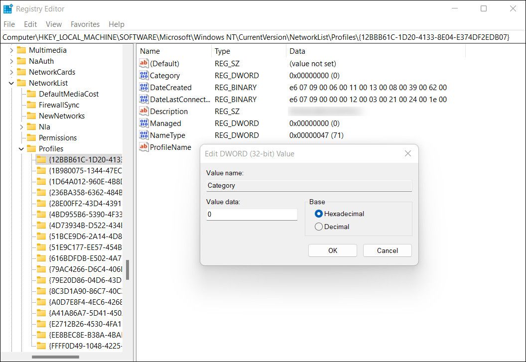 Category value in the Registry Editor
