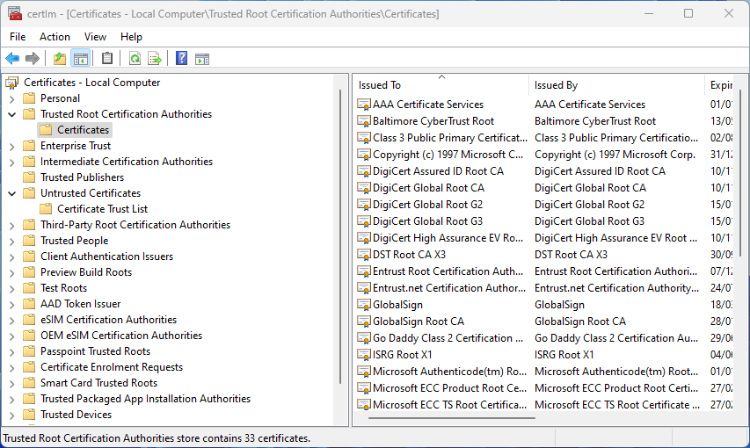 security certificates in Windows 11