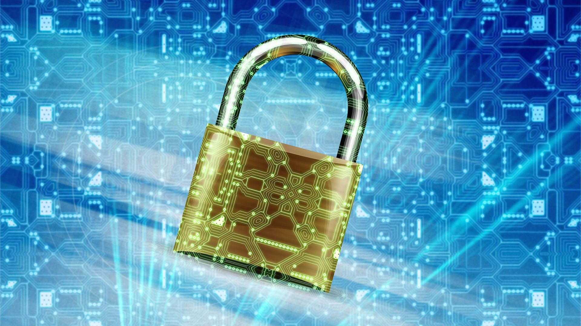 Graphic of a circuit pattern padlock on a blue background