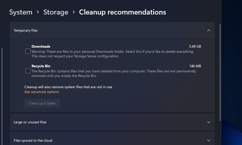 Cleanup recommendations in Settings