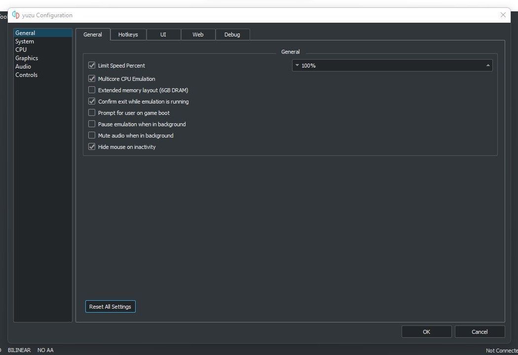 با کلیک بر روی گزینه Reset All Settings در تنظیمات عمومی اپلیکیشن Yuzu Emulator