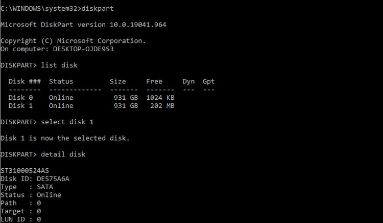 the diskpart command in command prompt