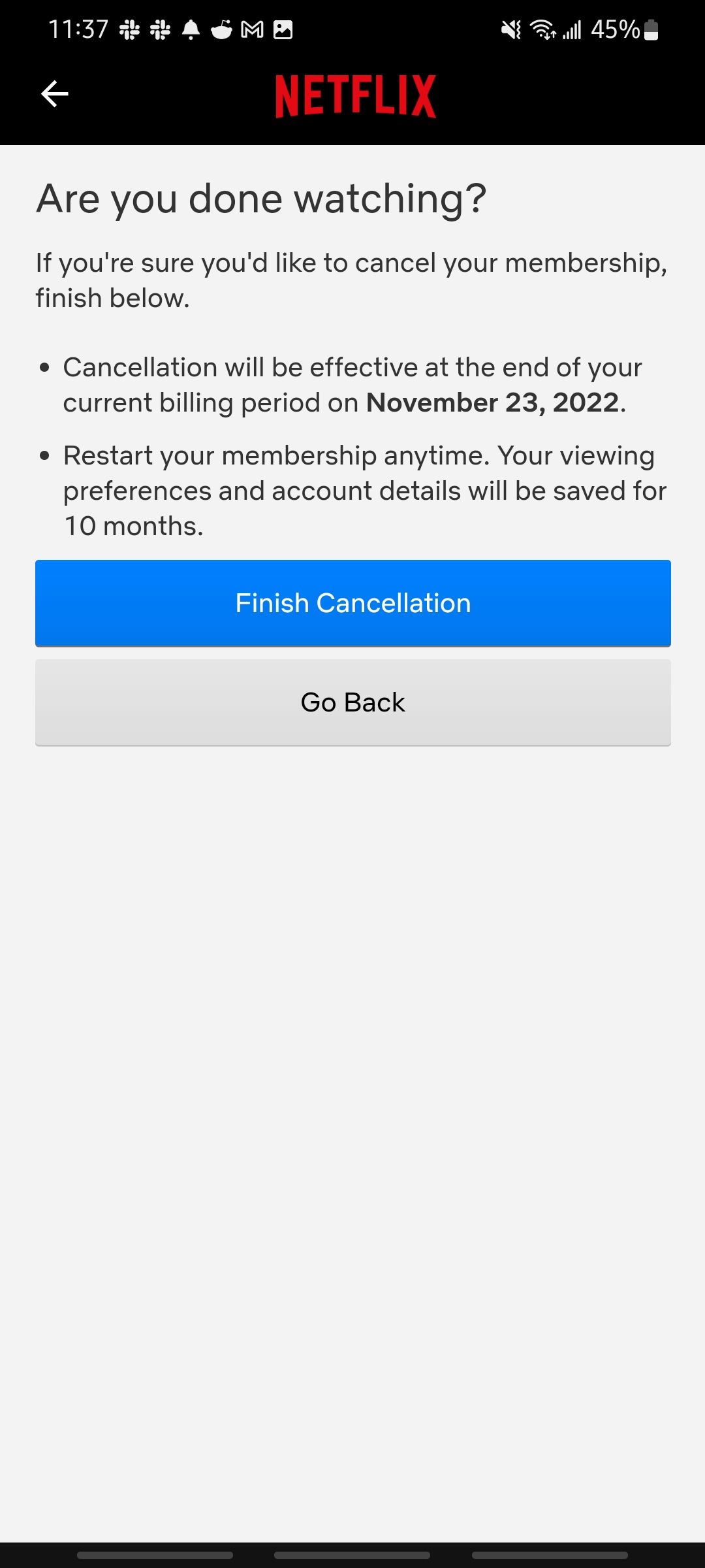 confirming cancellation of netflix account in the mobile app