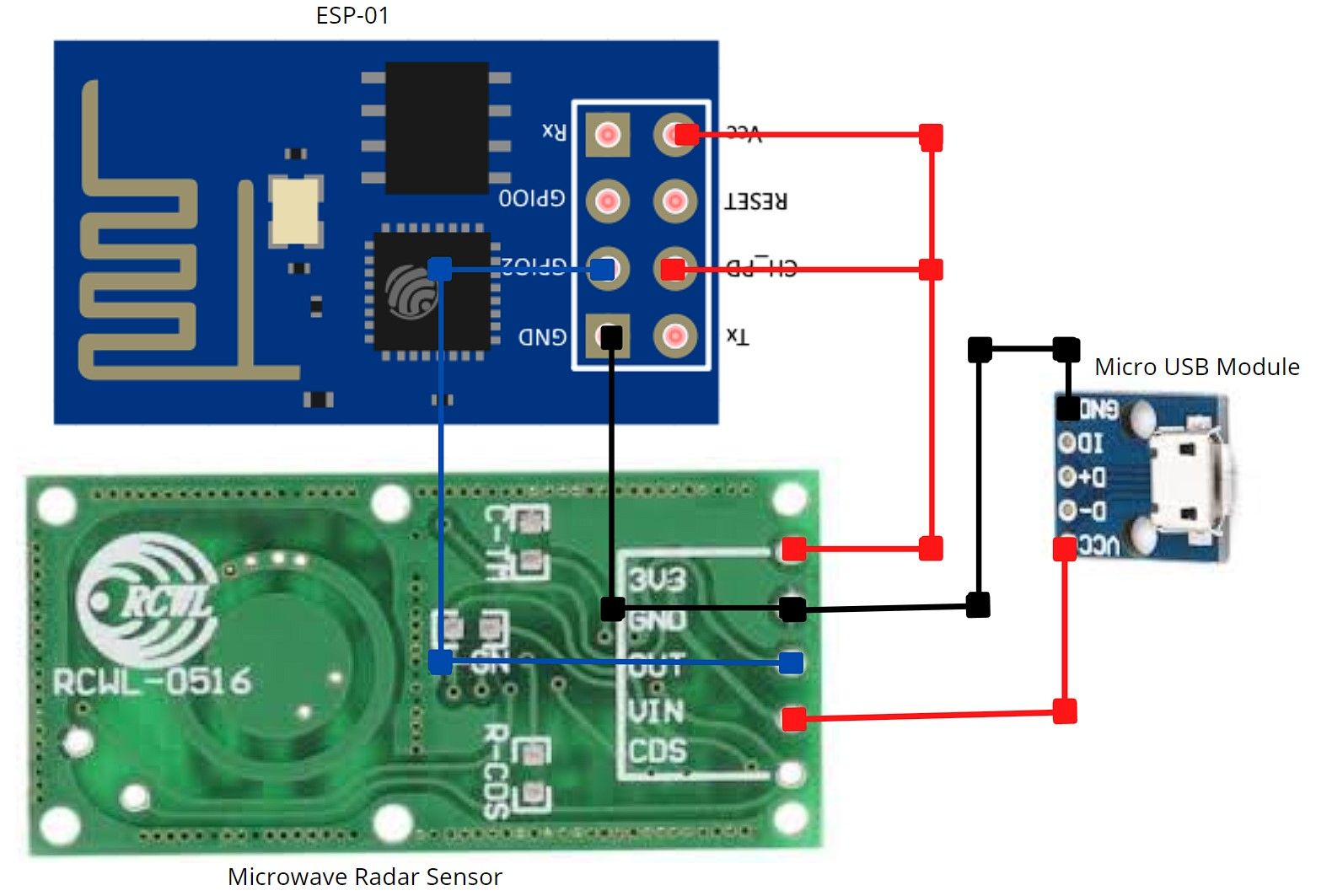 esp 01 را به سنسور رادار مایکروویو و ماژول micro usb متصل کنید