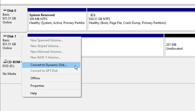 converting disk to dynamic in disk management