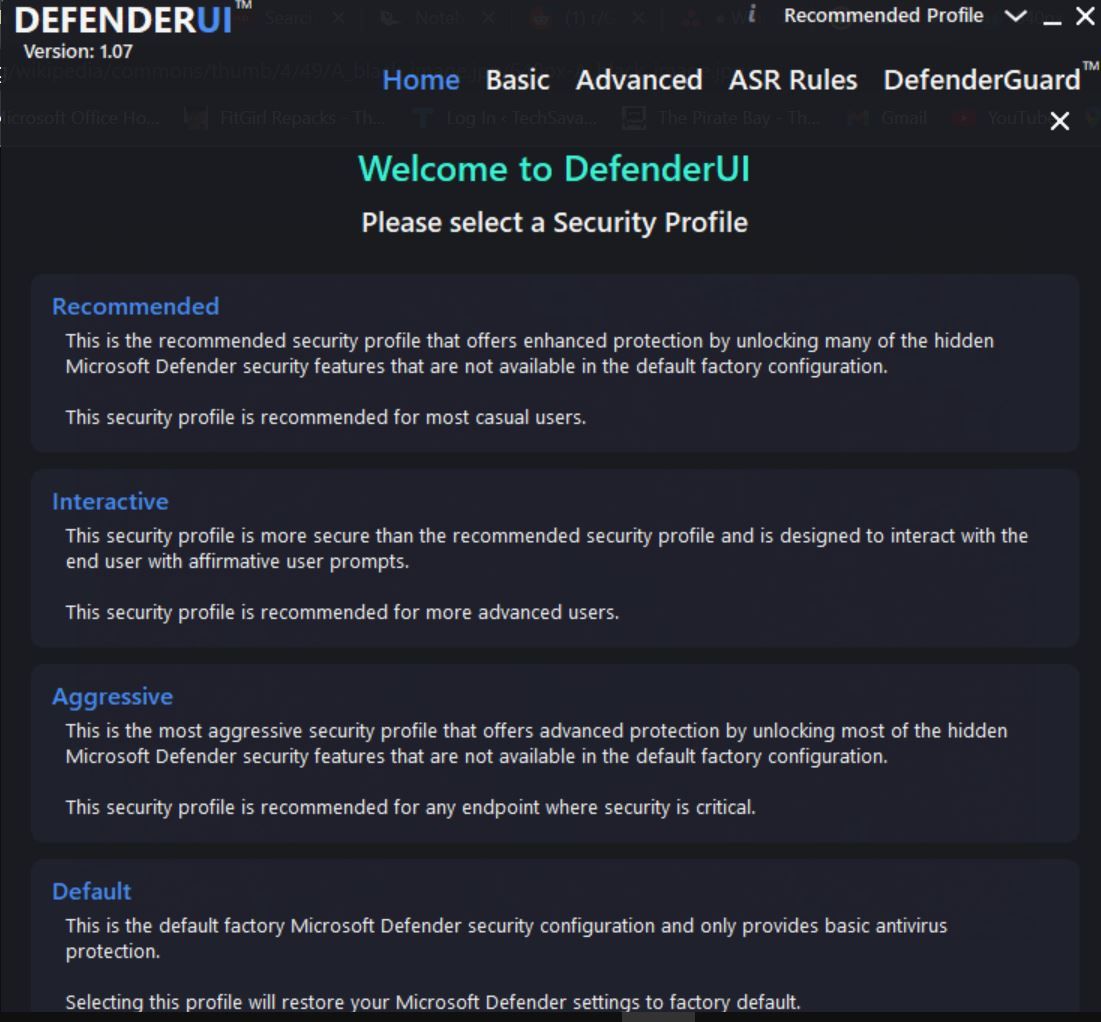 DefenderUI profile selection