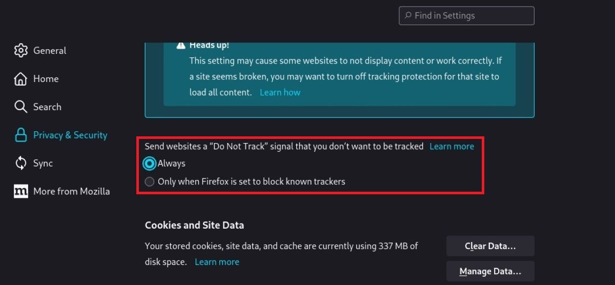 Configuring the do no track security setting for Firefox