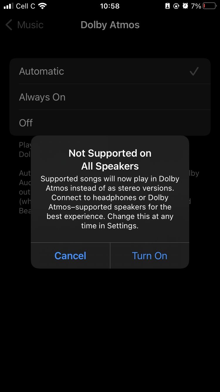dolby atmos pop-up message for music settings on iphone