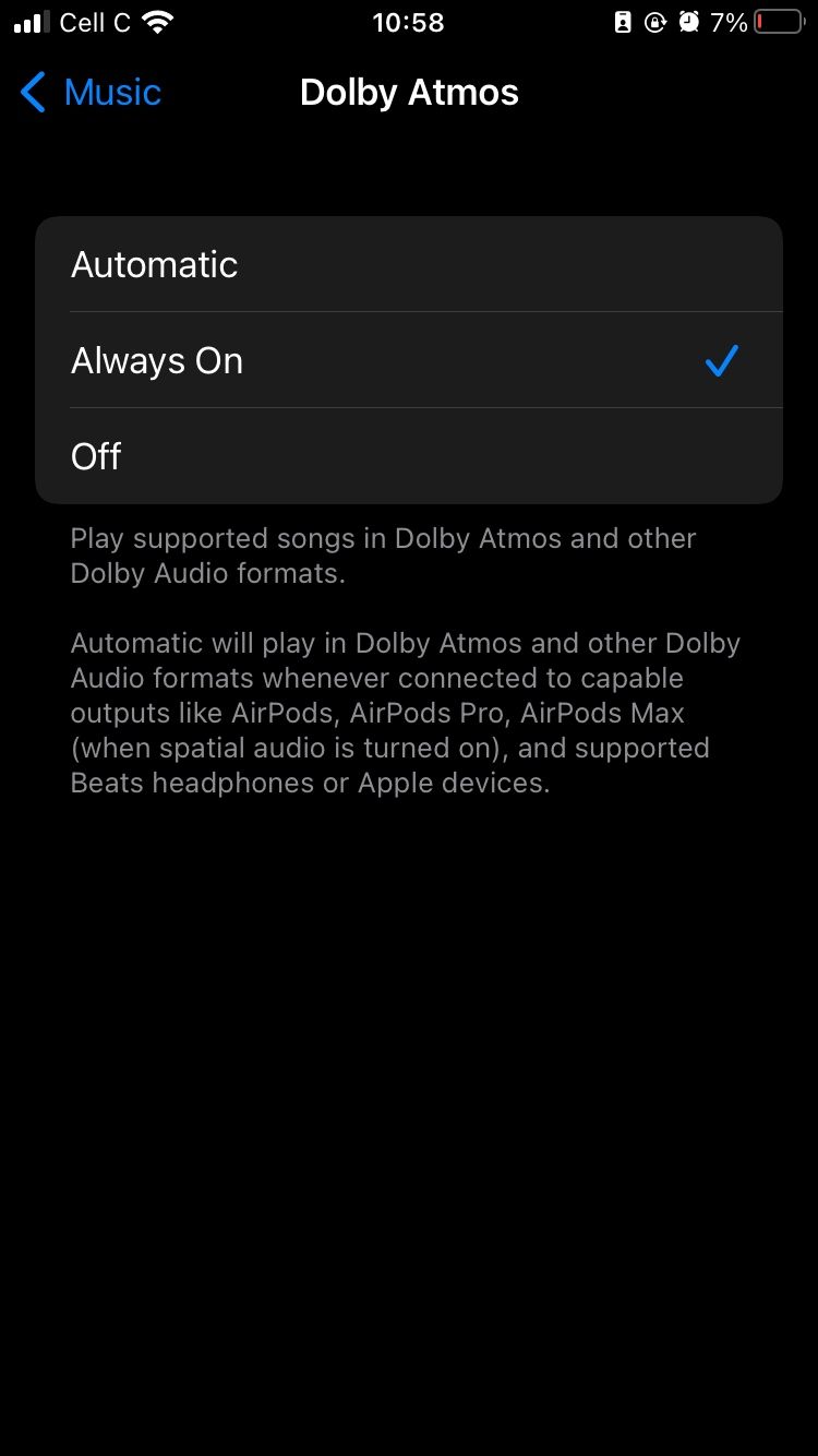dolby atmos settings with always on enabled on iphone for apple music