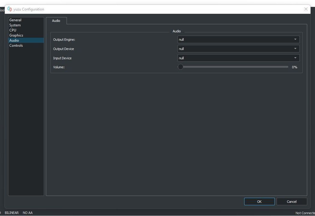 کشیدن نوار لغزنده صدا به چپ پس از انتخاب Null در منوهای کشویی دستگاه ورودی موتور خروجی و گزینه های دستگاه خروجی در تنظیمات صوتی برنامه شبیه ساز Yuzu