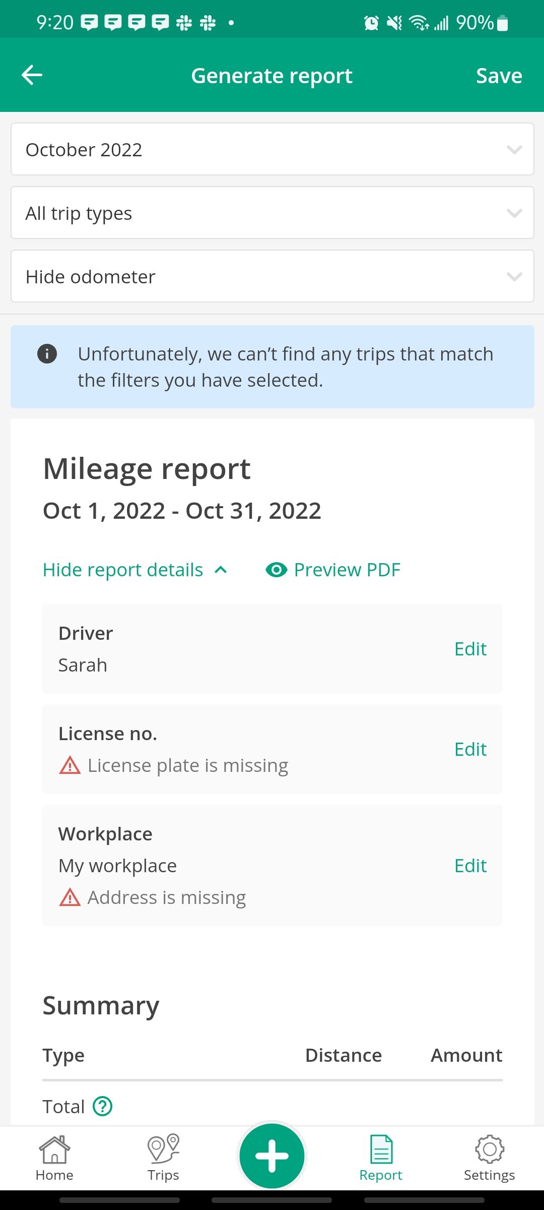 driversnote app generating a report for a trip