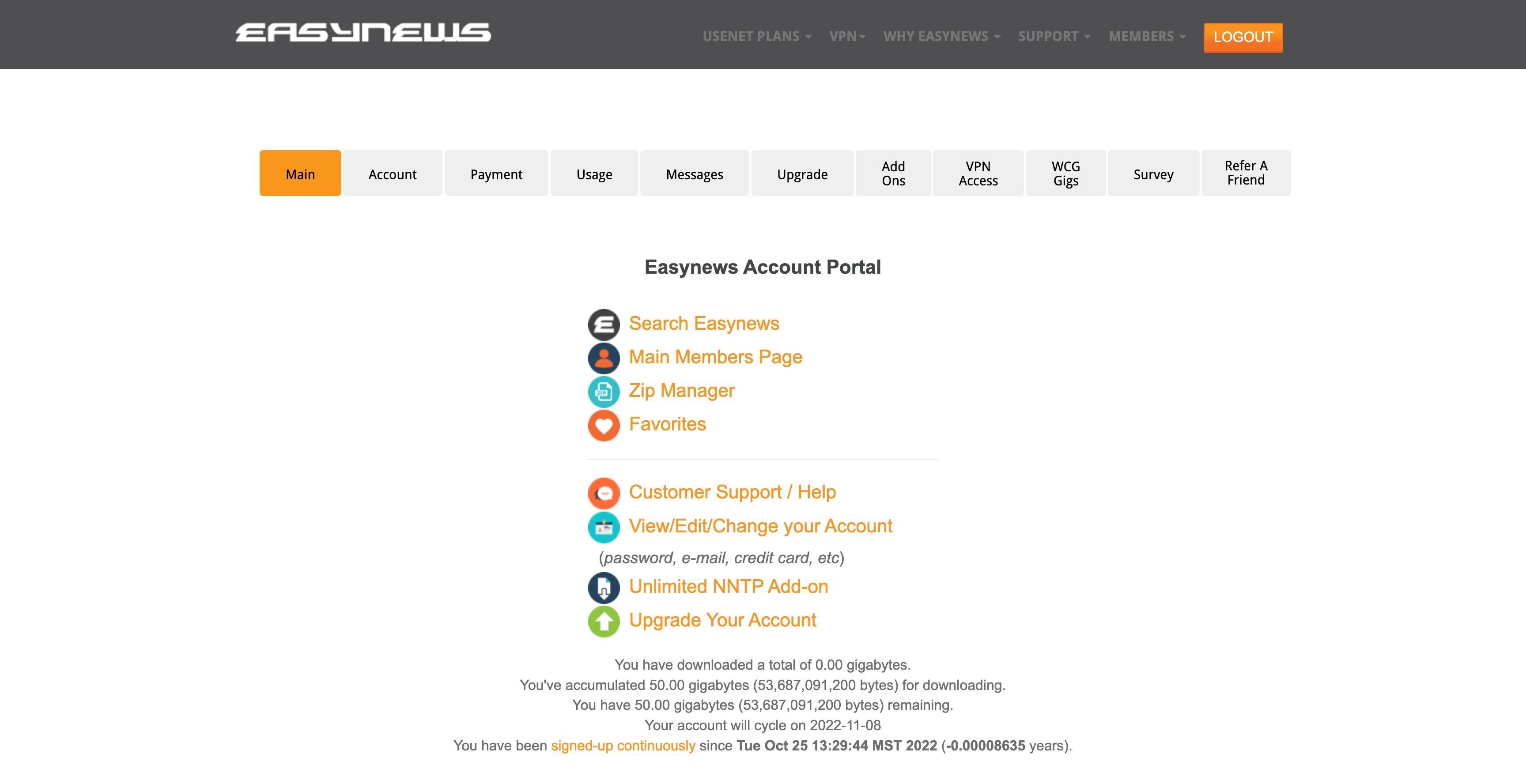 Screenshot showing EasyNews members' area