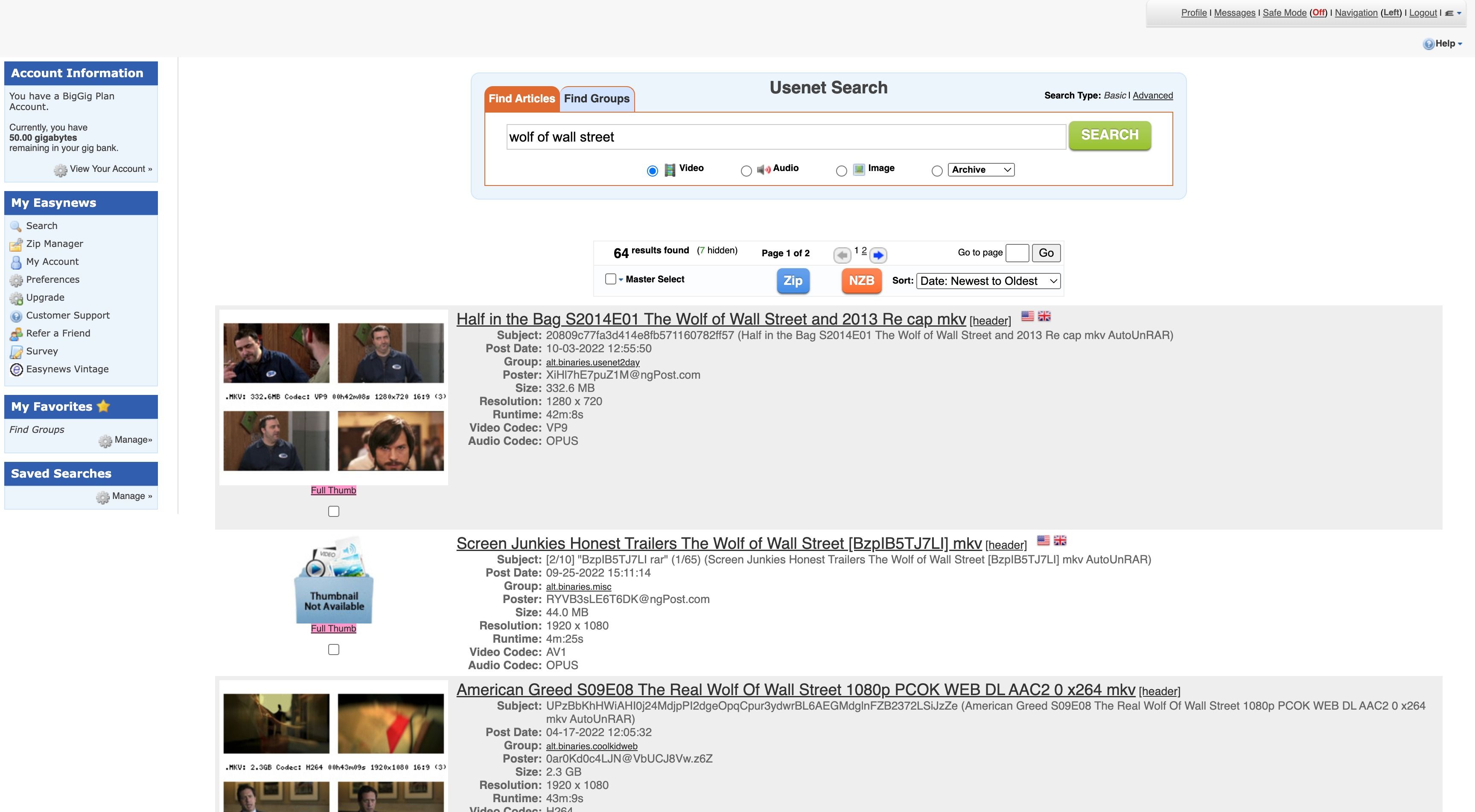 Screenshot of EasyNews search results
