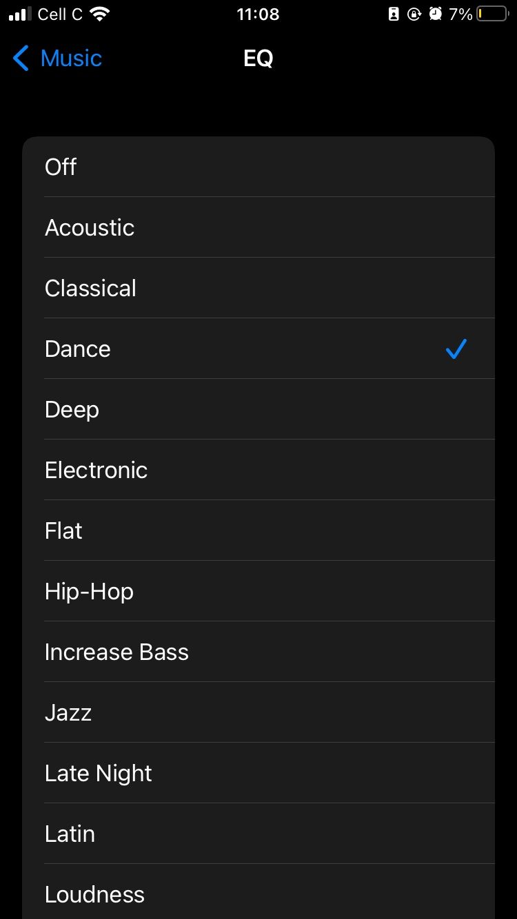 eq settings page for apple music on iphone