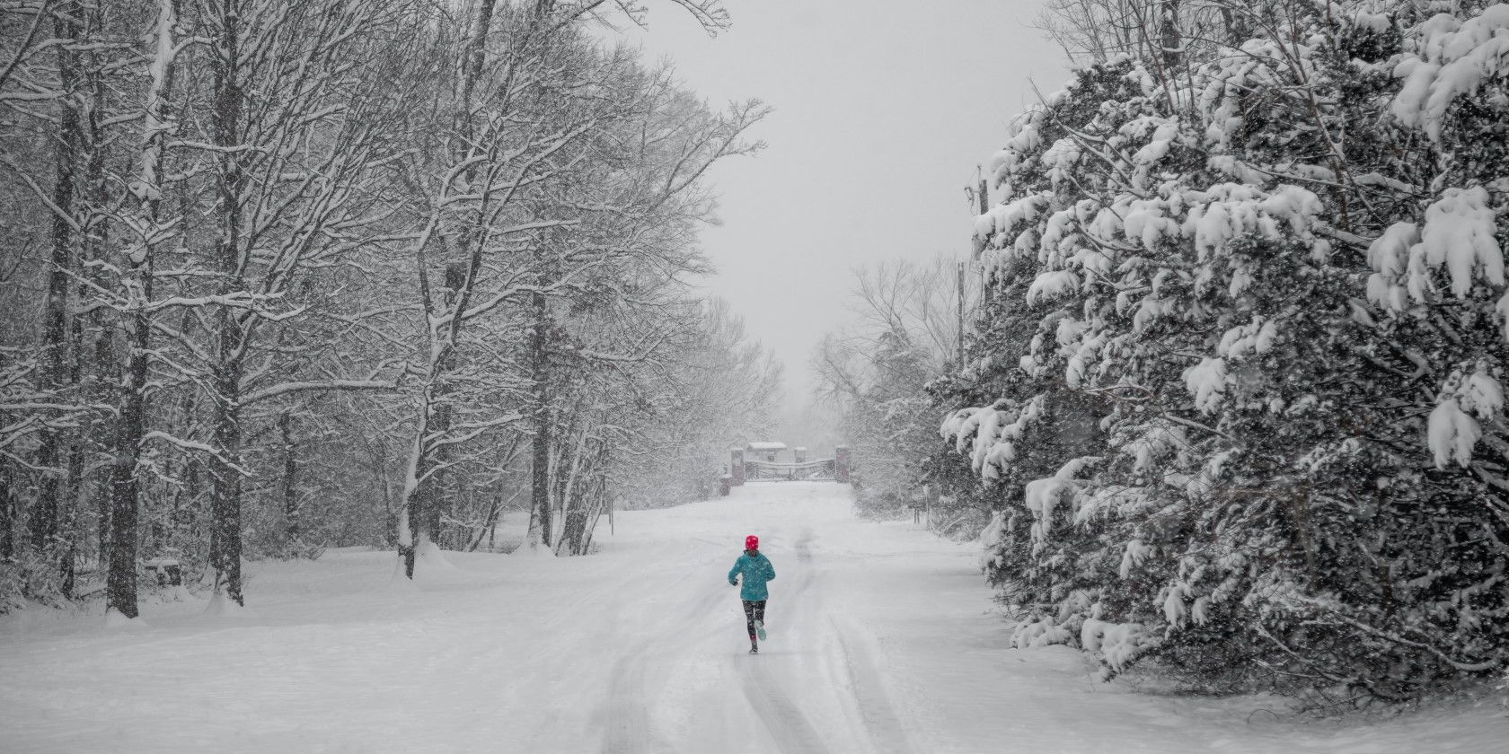 person jogging during heavy snowfall surrounded by snow-covered trees
