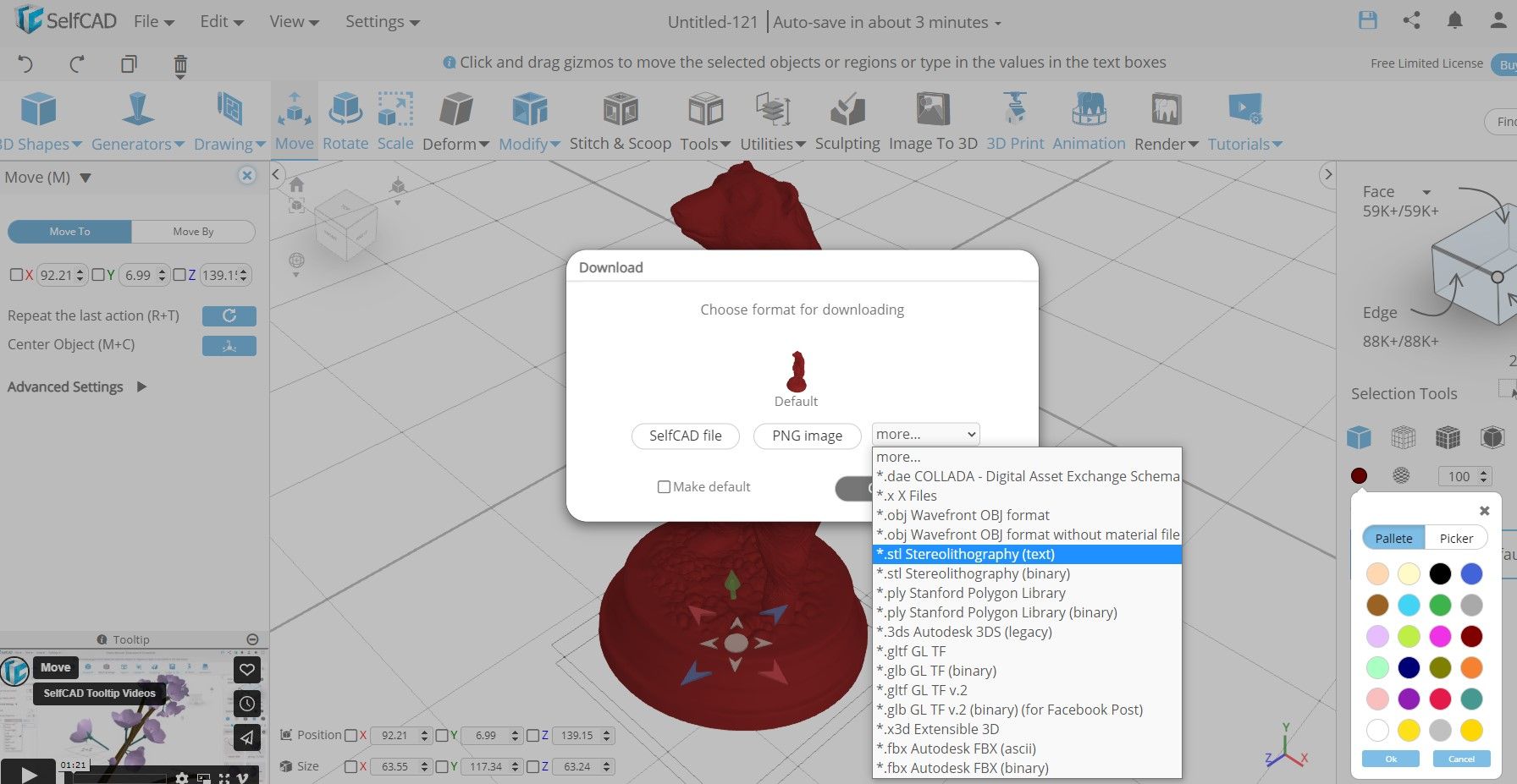 An option to export your files from SelfCAD software