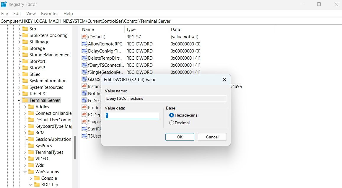 fDenyTSConnection entry in Registry Editor