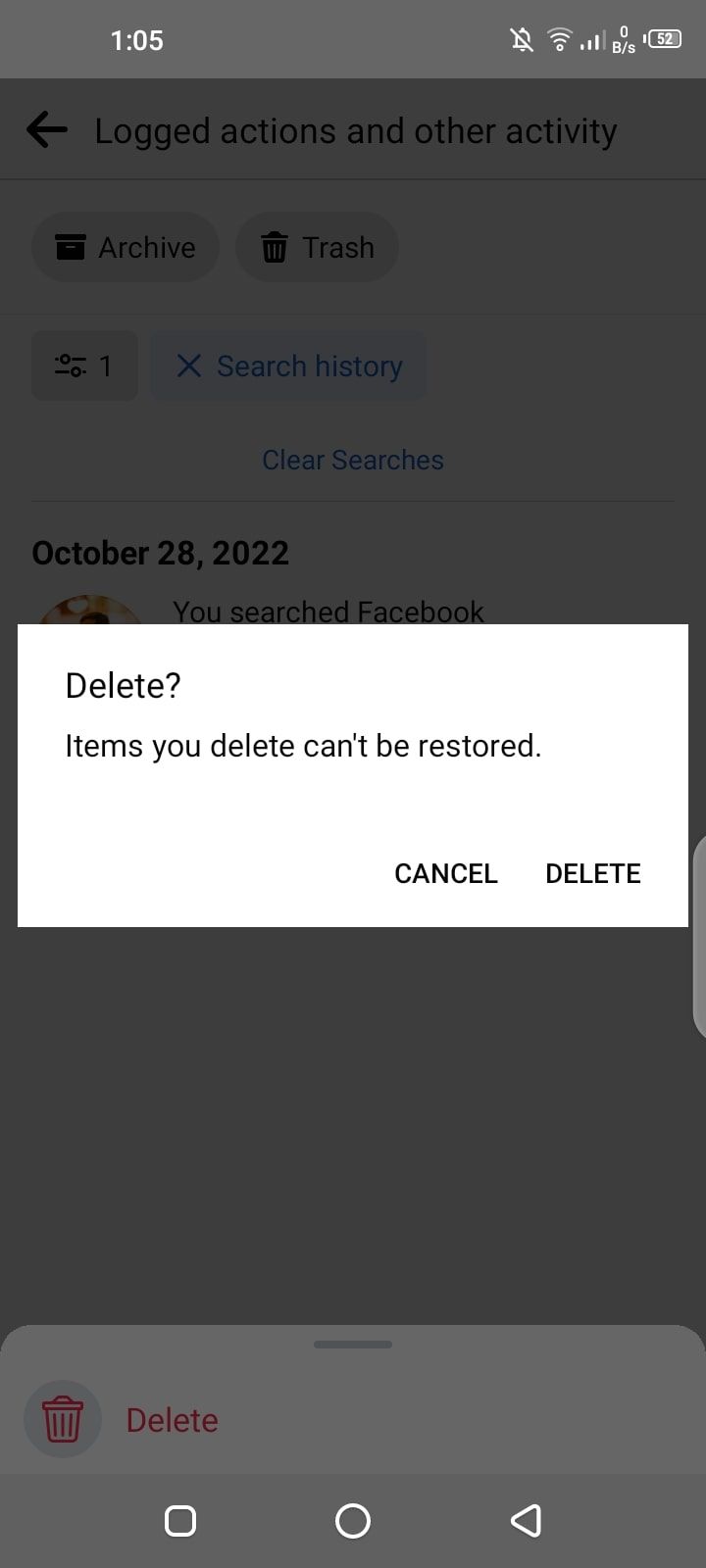 facebook app search history delete warning
