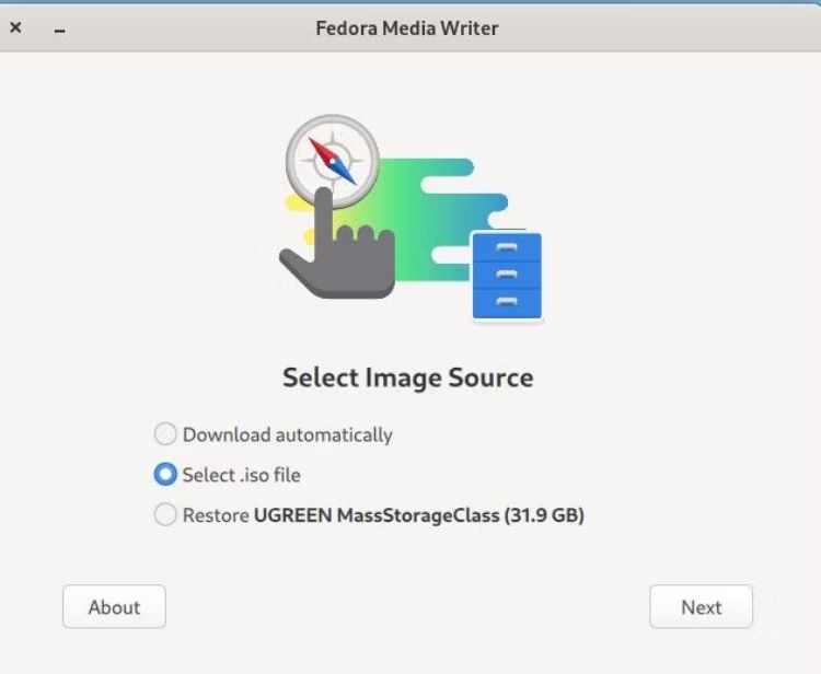 selecting iso file using fedora media writer