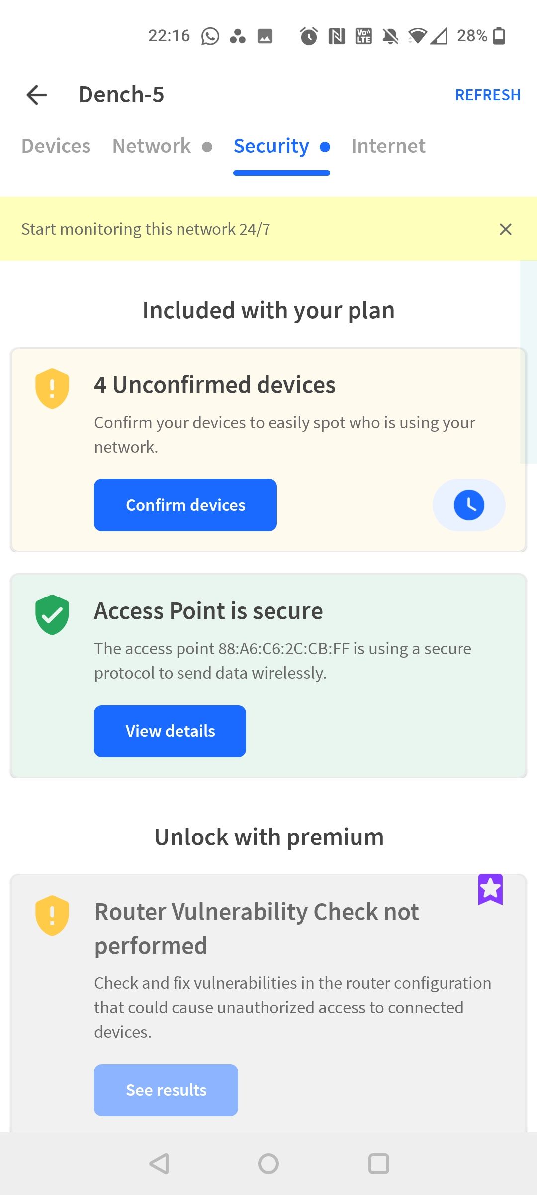 fing network checker app security tab with scanning options