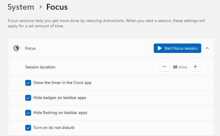 Focus sessions settings in Windows 11