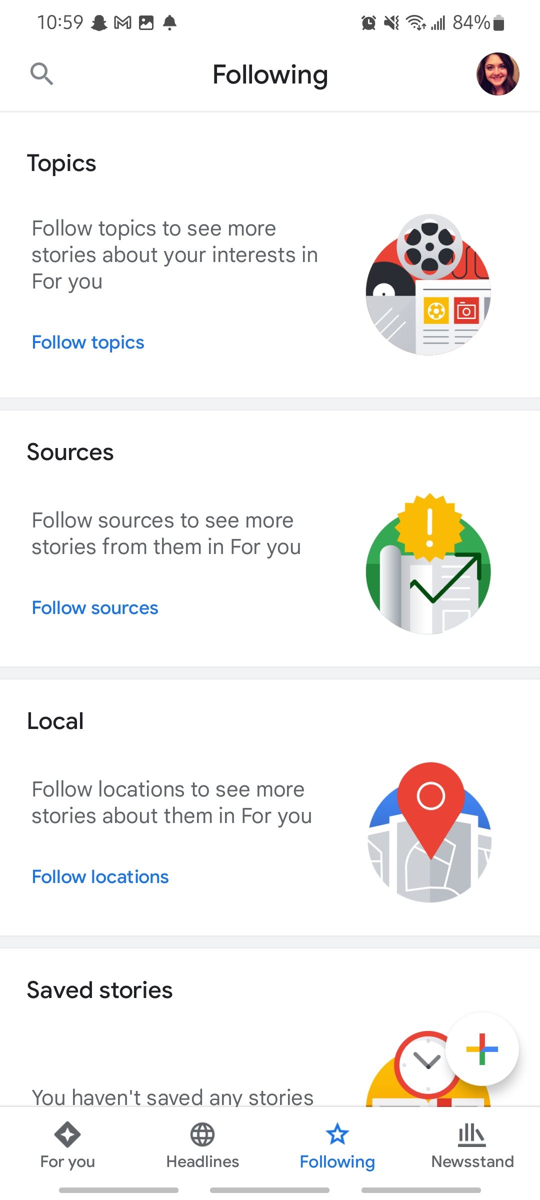 following tab on google news app, showing topics, sources, local, and saved stories