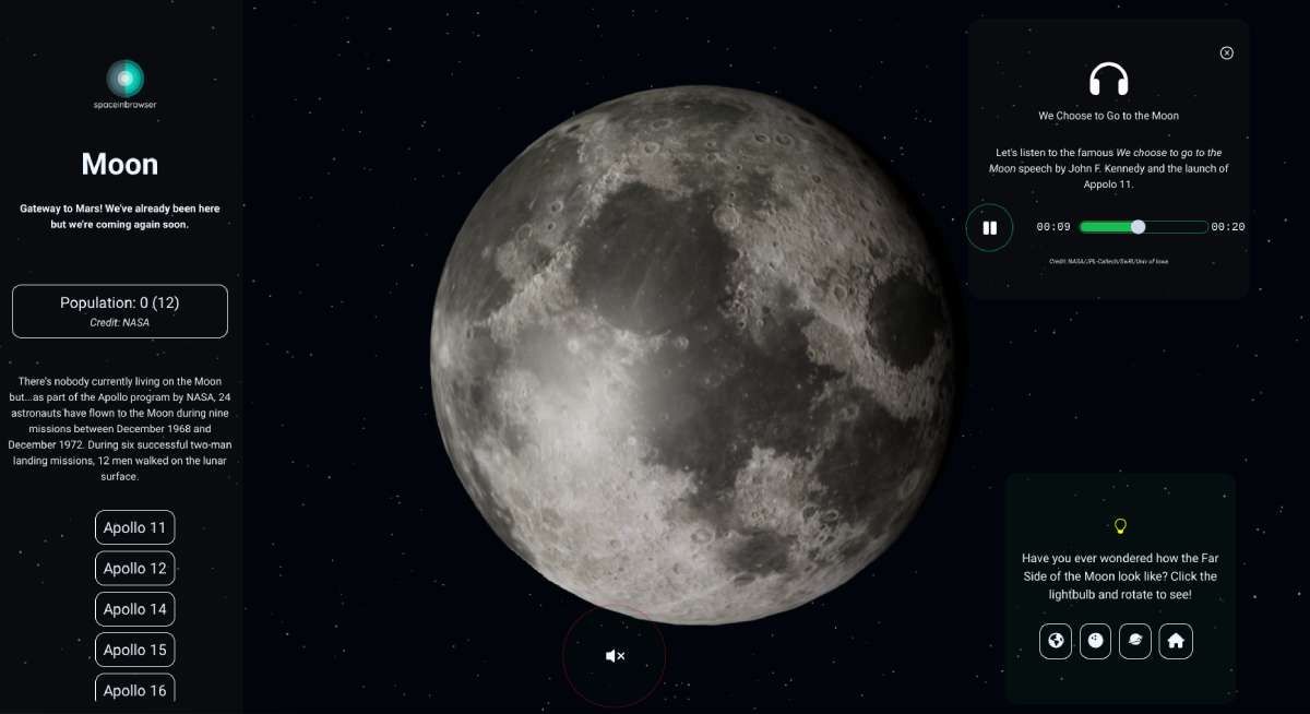 Space in Browser lets you explore and interact with models of the earth, moon, and Mars, as well as learn more about them