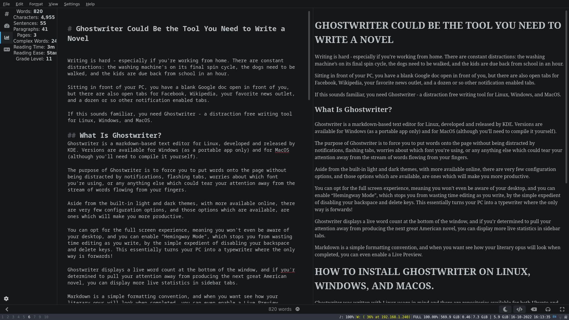 ghostwriter با علامت گذاری در سمت چپ، و پنجره پیش نمایش باز در سمت راست