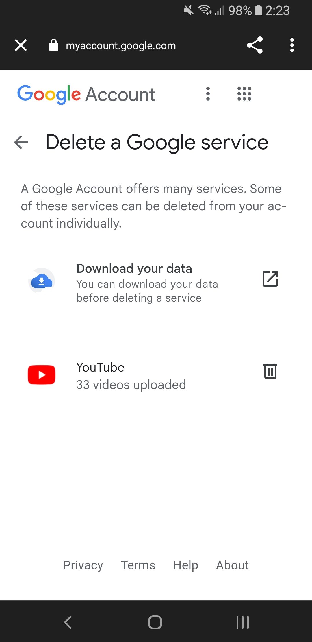 google account delete a google service on android