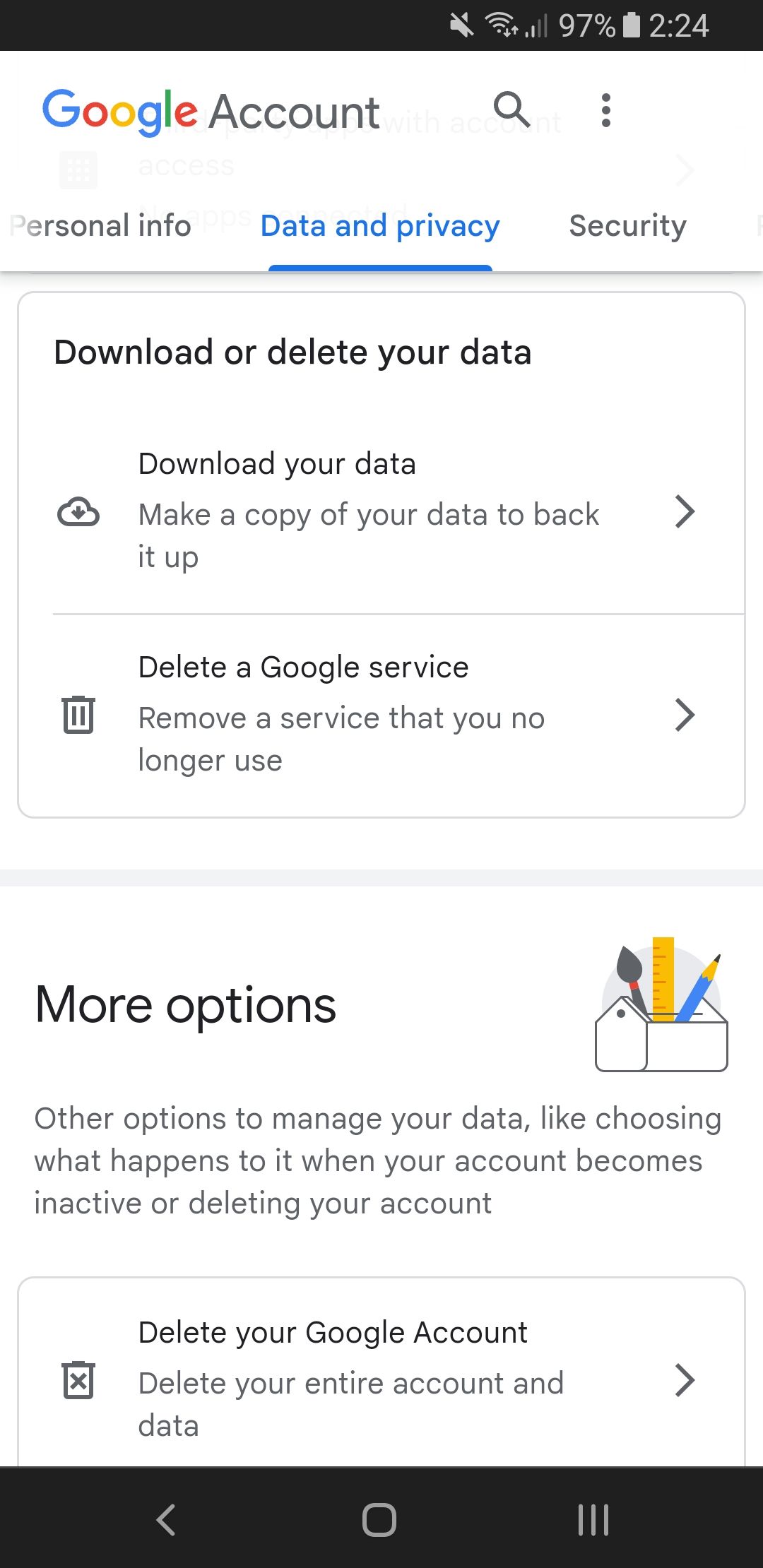 google account download or delete your data on android