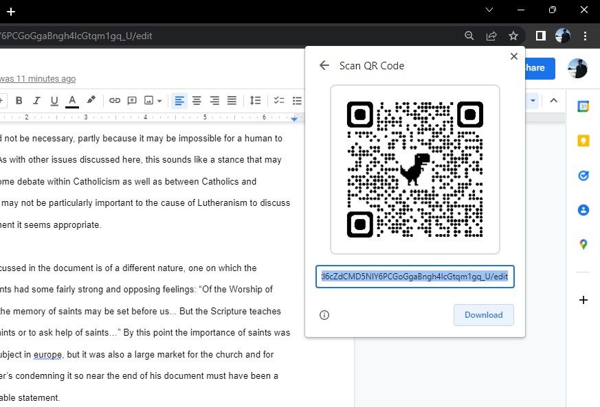 Sharing a QR code for a Google Doc in Chrome.