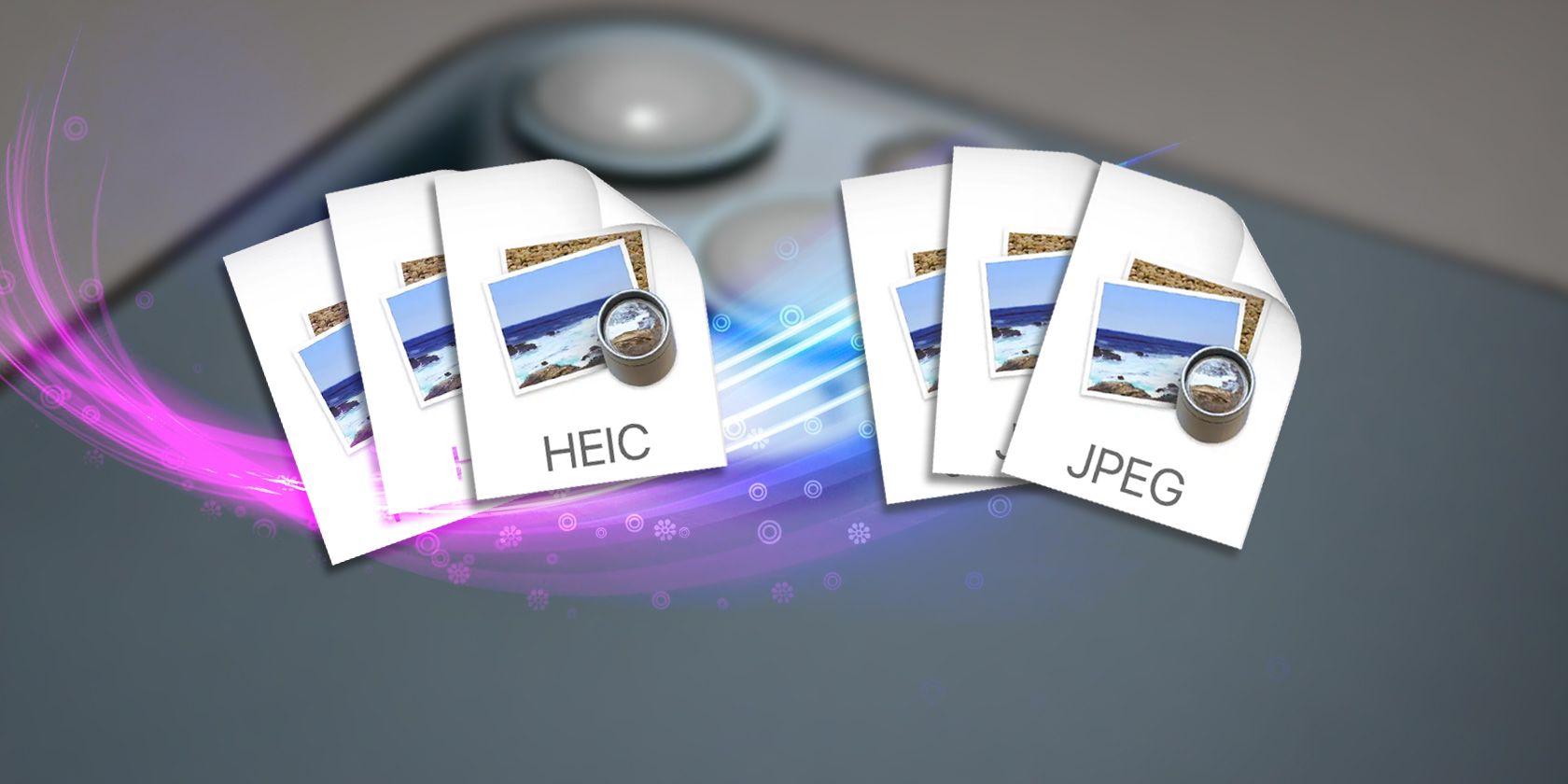 HEIC and JPEC icons with iPhone camera on background 