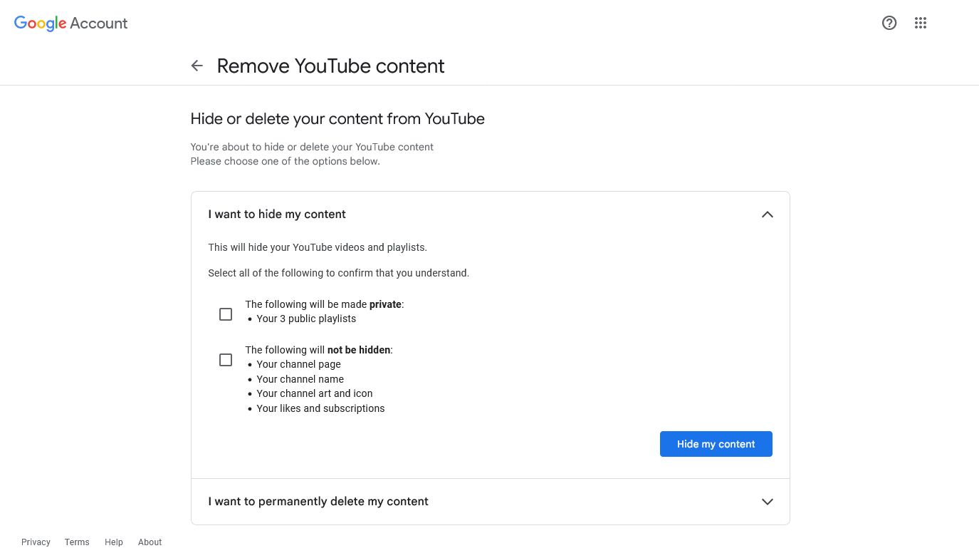 hide or delete your content from youtube