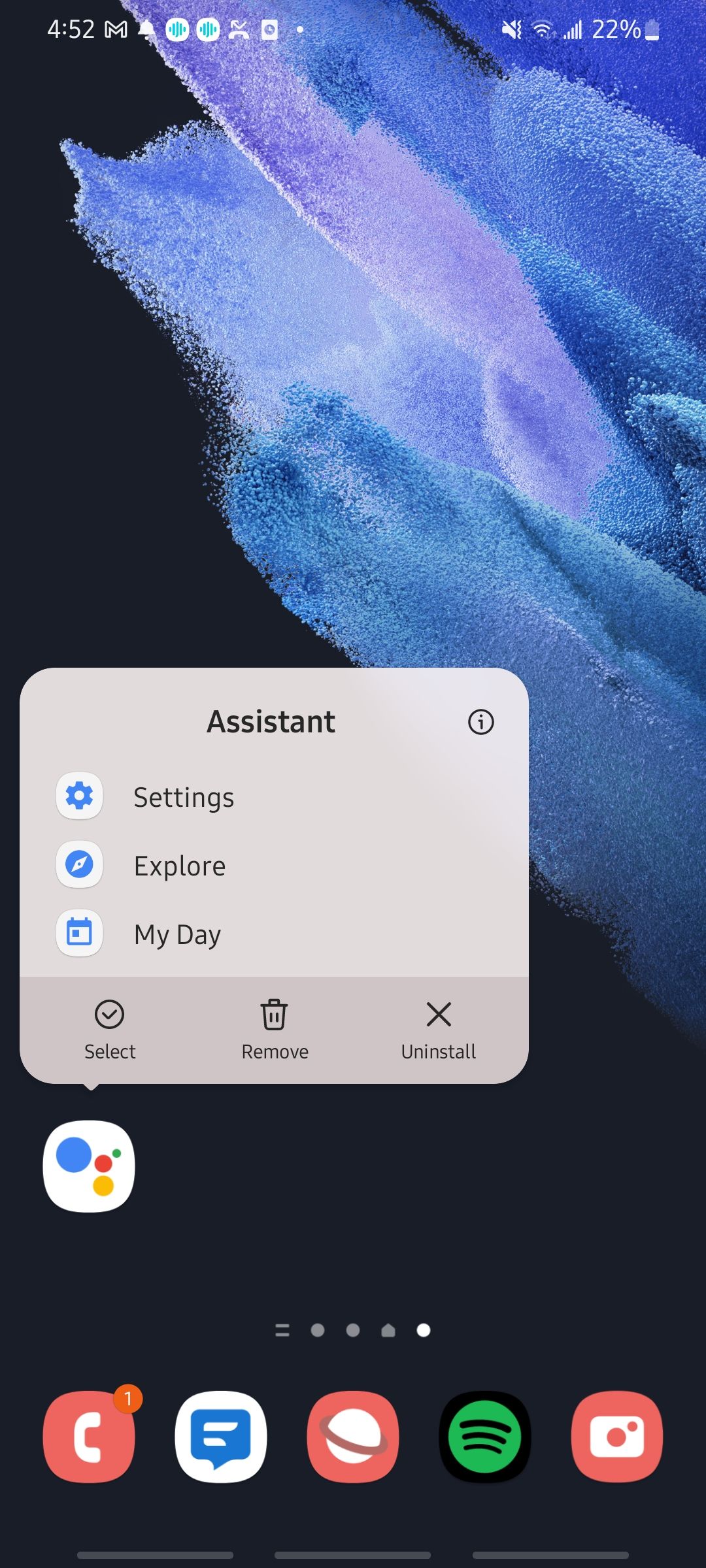 holding down google assistant app icon to locate settings